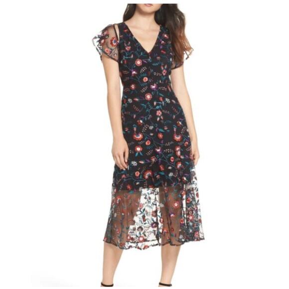 SAM EDELMAN Black A-line Floral Embroidered Mesh Midi Dress SIZE 4 NWT 2029 - Picture 1 of 10